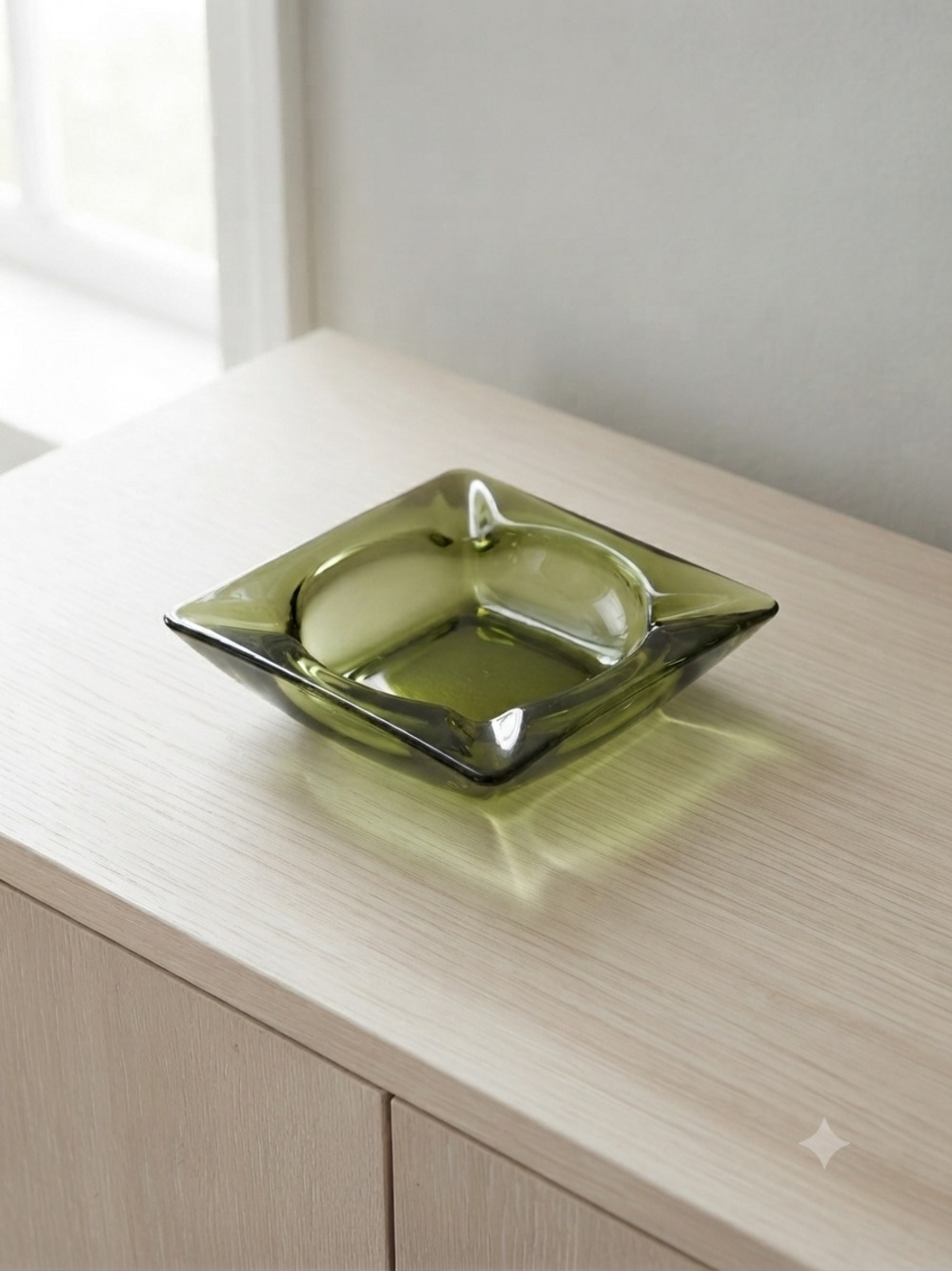 Vintage Olive Green Square Glass Ashtray Mid Century Modern Minimalist Decor